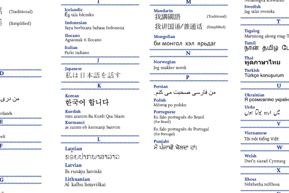 List of various international languages with text in English and original language.